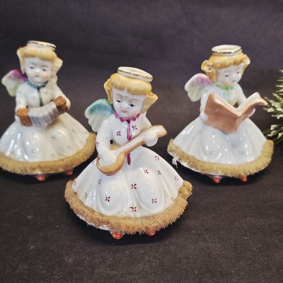 3 Vintage Christmas Angels Figurines Instruments Ucagco Japan Netting Trim - Picture 1 of 13